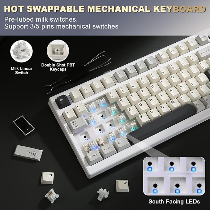 YUNZII YZ98 Gasket Mechanical Keyboard,99 Key Hot Swappable BT5.0/2.4G/USB-C Wireless NKRO 98% 1800 Layout with RGB LED Backlit for Linux/Win/Mac(Milk Switch, White)