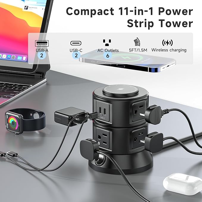 Surge Protector Power Strip Tower - Desk Charging Station with 15W Magnetic Wireless Charger, 6 AC Outlets and 4 USB (2 Type C) Ports,