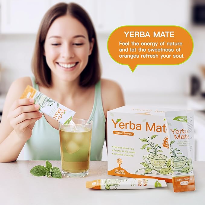 WUEIS Yerba Mate 10000mg Tea Instant Powder,Yerba Magic Powder Single Serve Sticks,Clean Energy,Rich in Prebiotics,Promote Gut Health- Super Yerba,Low Sugar-Natural Caffeine-Orange Flavor-30 Servings