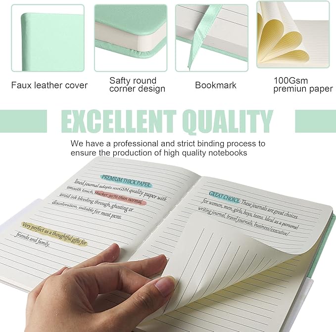 Lined Journal Notebook, 6Pack(Eggshell Green), 160 Pages, Medium 5.7 inches x 8 inches - 100 gsm Thick Paper, Hardcover