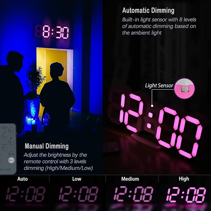KOSUMOSU Pink LED Clock 3D Wall Clock 9.7" Table Clock for Living Room Modern Digital Clock for Bedroom Aesthetic Bedside Desk Clock with Remote/Dimming/12/24H/Temp/Alarm Clock/Date