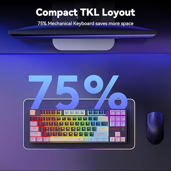 Redragon Wireless Gaming Keyboard, BT/2.4Ghz Tri-Mode Mechanical Keyboard with Aluminum Pannel, Hot-Swap Red Switch, Programmable 87 Keys TKL, LED Rainbow Backlit - K552LGY-KRS (Eclipse Gilded)