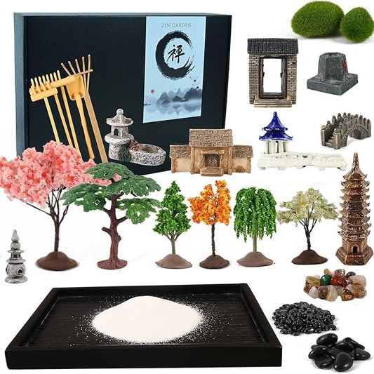 14" x 10" Large Japanese Zen Garden Kit for Desk - Sand Garden Decoration Included, Sand Tray, Rake, Trees, Incense Burner, Door, Well, Bridge - Zen Gifts for Women