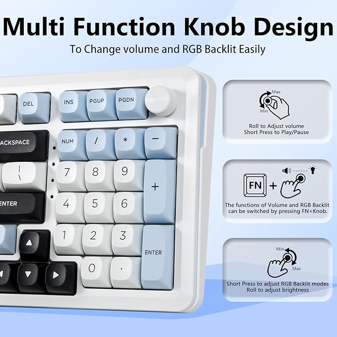 E-YOOSO Wireless Mechanical Keyboard, Creamy Sound, Bluetooth/2.4GHz/USB-C Hot Swappable Custom Gaming Keyboard, Pre-lubed Linear Switches, RGB Backlit, Knob Control for PC/Tablet/PS/Xbox