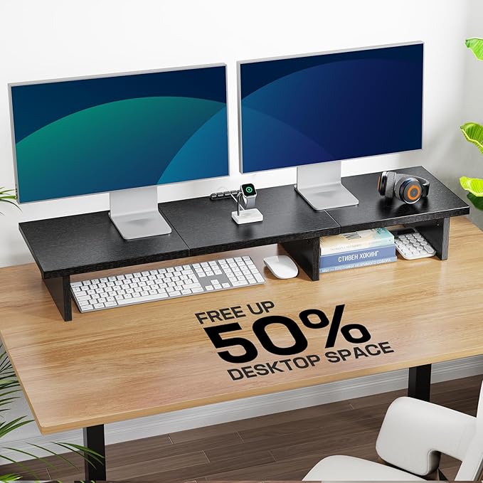 HUANUO Dual Monitor Stand Riser With Cable Clip - Desktop Storage Shelf Organizer for 2 Monitors, Computer, Laptop, Printer, TV