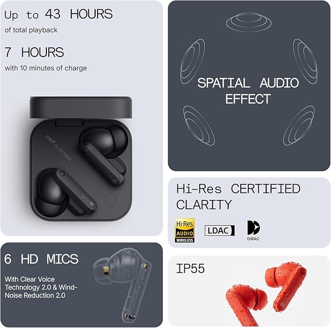 CMF Buds Pro 2 Wireless Earbuds with Smart Dial, 50dB Hybrid Noise Cancelling Earbuds Wireless Bluetooth 5.3, 11mm Bass with LDAC, 6 Hi-Res Audio Mics, 43H Playtime, Fast Charging Case, Dark Grey