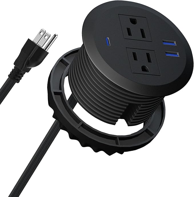 3 Inch Power Grommet,10ft Cord,20W USB C Fast Charging Station,3 USB Ports,Flush Mount.Round Recessed Power Center Desk Hole Grommet Outlet for Workspace,Couch,Black