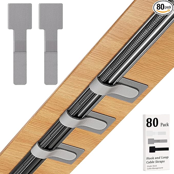 80PCS Hook and Loop Cable Straps, Cable Management Under Desk, Self Adhesive Cable Ties, Reusable Wire Organizers for Cords, Adjustable Cord Organizers for Desk, Home Office Essentials, Gray