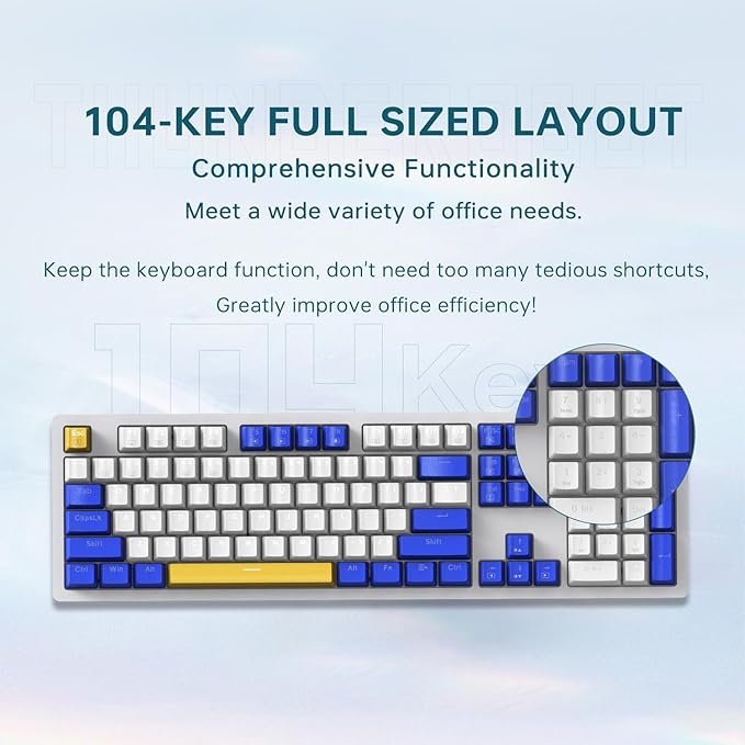 Thunderobot K104 Wired Mechanical Keyboard, Full-Size 104-Key Layout, Perfect for Work and Gaming Hot-Swappable Sockets, Customizable RGB Backlighting, PBT Keycaps, Blue Whimsy