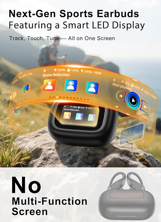 Wireless Earbuds, ENC Noise Cancelling Sport Ear Buds with Multifunctional Touch Screen, Bluetooth 5.4 Headphones, Bass Stereo Sound, 5 EQ Over The Ear Earbuds for Sports/Workout/Gym-Black