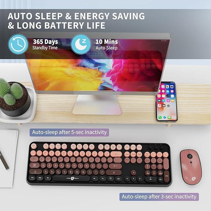 Wireless Keyboard Mouse Combo,104 Round Keys Cute Colorful Keyboard with Retro Typewriter Style,Letton Full Size Keyboard with Number Pad&Mouse with 3 DPI for PC Mac Laptop Computer Windows-Black