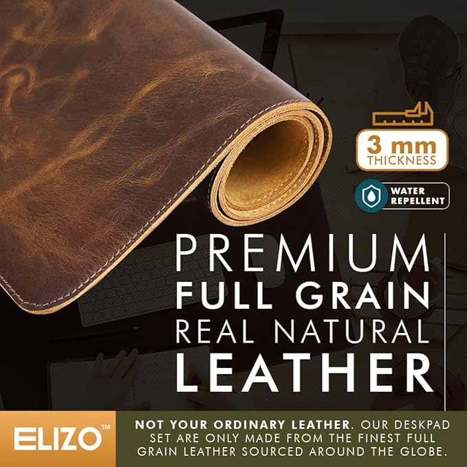 ELIZO Leather Desk Pad Real Leather Desk Mat Thick (3mm) Double Layer (31x15.6) Cover Blotter Desk Protector Large Computer Mat for Keyboard Mouse Pad Table Laptop Mat Office Desktop Accessories