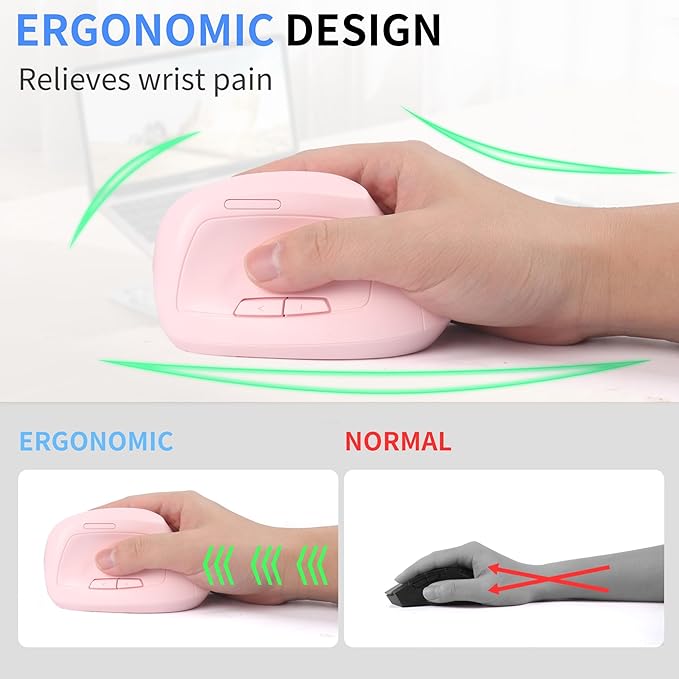 Ergonomic Vertical Mouse, Bluetooth Mouse Dual Mode Wireless Rechargeable Mice Support 2 Devices (Bluetooth or USB), 1600 DPI Silent Mice 6 Button Computer for Laptop, PC,MacBook, iPad,Mac-Pink