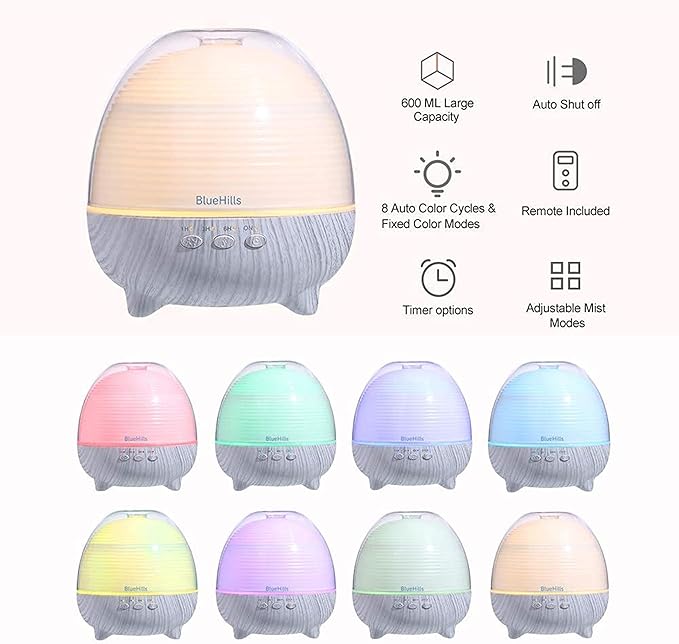 BlueHills Premium Essential Oil Diffuser with Remote Cute Aromatherapy Humidifier Large Capacity Coverage Area for Home Room Office Long 12 Hour Run Timer Lights White Wood Grain-S01-600ML