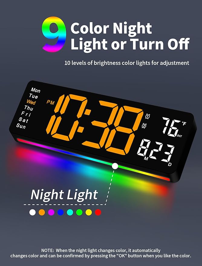 MASHI Digital Wall Clock, 16" Large Display Digital Clock with Remote Control, Auto-Dimming Wall Clock with Night Light, DST, Date Week,Temp for Living Room, Bedroom, Decor, Gift for Elderly