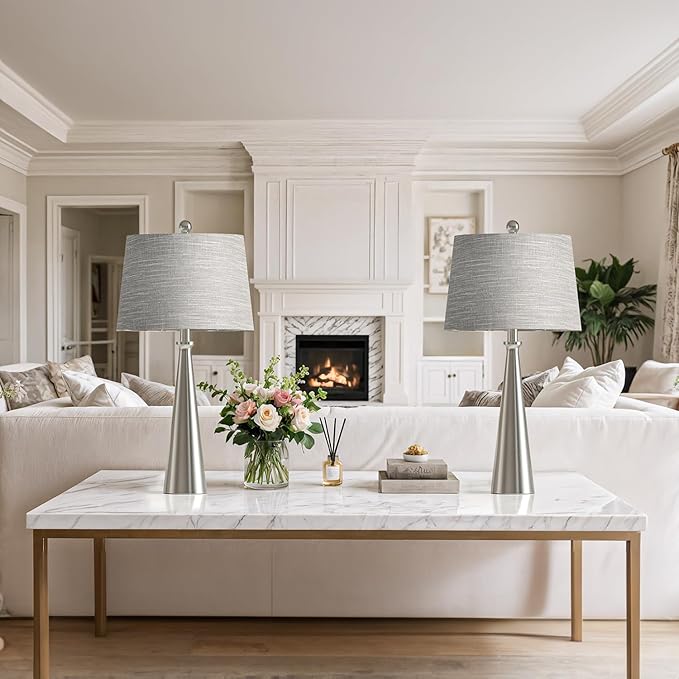 Oneach 25.75" Table Lamps Set of 2 for Living Room Bedroom, Bedside Lamp 3-Way Dimmable Touch Control, Modern Silver Nightstand Light Fabric Shade Vintage Accent Style