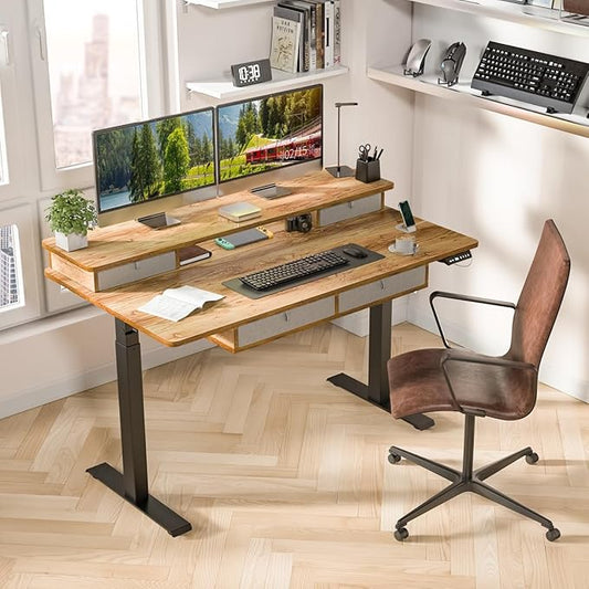 Standing Desk with Fast Charging USB Ports, 55" x 30" Height Adjustable Home Office & Gaming Desk, Sit Stand Desk with Built-in Storage Shelf, Hook & Ergonomic Design(Light Rustic)