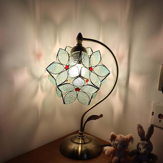 Bieye L10932 Tiffany Style Stained Glass Flower Petal Table Lamp with Brass Base for Home Décor (Light Blue, 8" Apple Blossom)