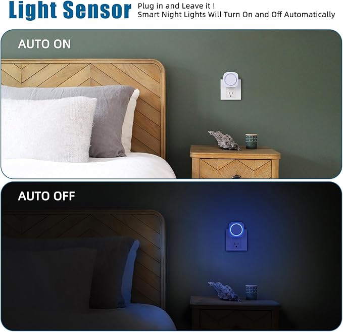 Blue Night Lights Plug into Wall, 4 Packs Dimmable Night Light with Dust to Dawn Sensor, Automatically Turn on and Off, Gentle Glow Nightlight for Bathroom,Bedroom,Stairs,Kitchen,Hallway, Blue