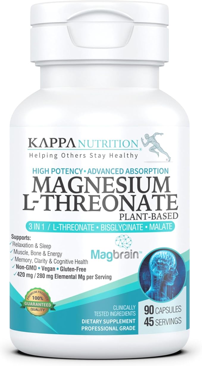 Kappa Nutrition Magbrain™ Magnesium L-Threonate Plant-Based, 420mg Elemental Magnesium (3 Capsules) from 2,253mg, 90 Vegan Capsules, Brain, Sleep & Muscle Support.
