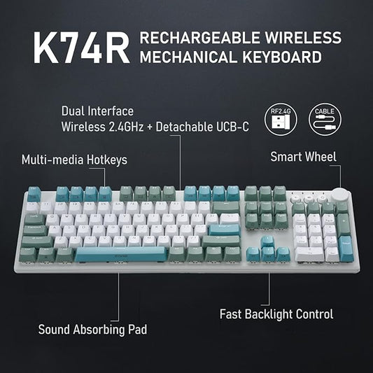 iRocks K74R Wireless RGB Illuminated Mechanical Gaming Keyboard, Hot-Swappable Switches, Easy-to-Clean Floating Design, PBT 107 Keys NKRO, Detachable USB-C Cable - Island Blue (Blue Switches)
