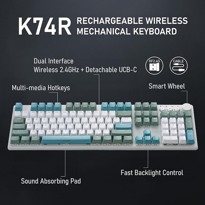 iRocks K74R Wireless RGB Illuminated Mechanical Gaming Keyboard, Hot-Swappable Switches, Easy-Clean Floating Design, PBT 107 Keys NKRO, Detachable USB-C Cable - Island Blue (Brown Switches)