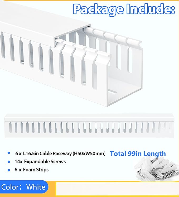 ZhiYo 99in (6X L16.5in) Professional Server Rack Cable Management Raceway, H2 x W2in Cable Raceway Kit, Electrically Safe PVC Open Slot Wire Raceway for Under Desk/Computer/Network Cords, White