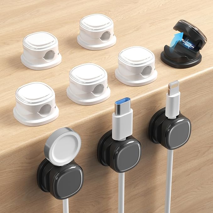 9 Pack Cord Organizer, Spring Cable Management, Adhesive Cute Cable Holder Clips, Phone Charger Wire Keeper for Desk Nightstand Car Office (9-Pack White_Black)