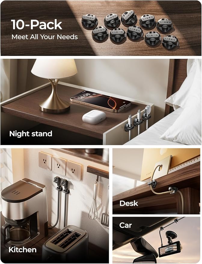 10-Pack Cord Holder [1S Lock] LISEN Magnetic Cord Holder for Nightstand, Under Desk Cable Management with 5 Extra Strong Adhesive Pads, Wire Holders for iPhone 17 Cords, Dorm, Home, Wall, Car, Desktop