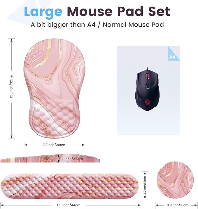 HAOCOO Keyboard Wrist Rest, Ergonomic Mouse Pad with Wrist Rest, 3 in 1 Keyboard and Mouse pad with Coaster Set, Memory Foam Wrist Support, Non-Slip PU Base for Home Office, Rose Gold Pink