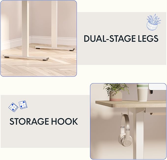 FLEXISPOT EN1 One-Piece Standing Desk, 48 x 24 Inches Electric Height Adjustable Desk for Home Office (White Frame + White Wood Grain Desktop)