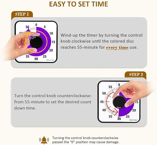 Secura 60-Minute Visual Countdown Timer, 7.5-Inch Oversize Classroom Visual Timer for Kids and Adults, Durable Mechanical Kitchen Timer Clock with Magnetic Backing (Purple)