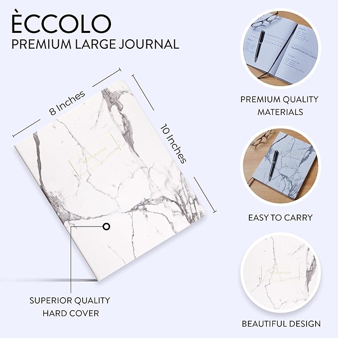 Eccolo Large Lined Journal Notebook, Hardbound Cover, Writing Journal, 256 Ruled White Pages, Ribbon Bookmark, Lay Flat, Desk Size for Work or School, White Marble (8x10 inches)