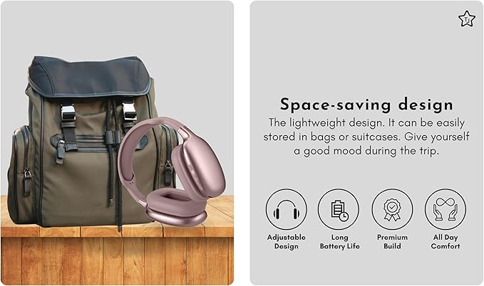 TJ Active Noise Cancelling Bluetooth Over Ear Headphones | Supersoft Leather Wireless Headset Wired Built-in MIC 24H Playtime High Res Audio Travel/Work/School/Students/Running/Gym (Pink)