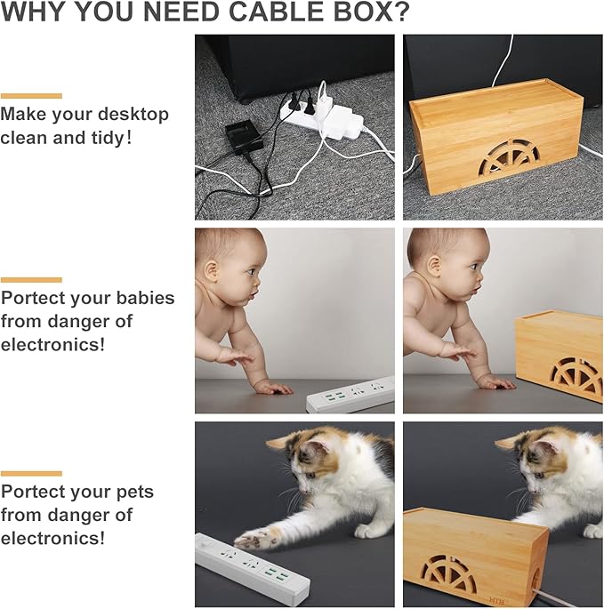 Cable Management Box Set of 2 by HTB, Large & Small Bamboo Cord Organizer Box to Hide Wires & Power Strips | Desk Computer Cable Management Box | Cable Storage | Cord Box Hider for Home & Office