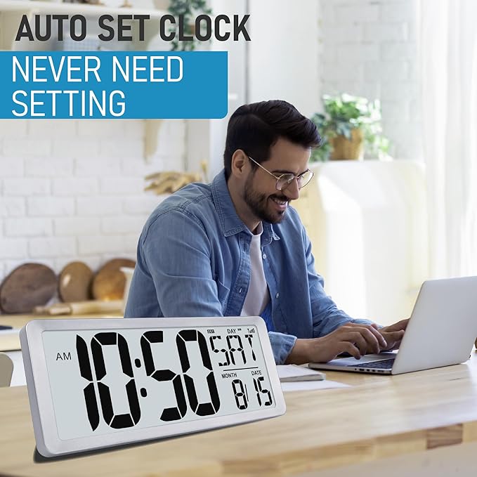 TXL Silver Large Digital Wall Clock with Backlight, 14.2" Battery Operated Alarm Clock with Day, Date & Temperature, Large Wall Clock for Classroom,Bedroom, Livingroom, Office，（Battery Included）