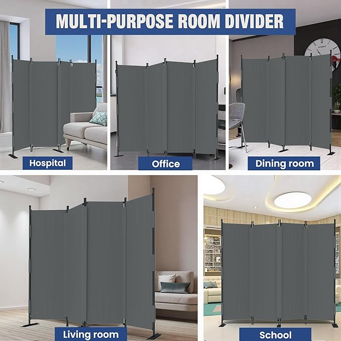 Room Divider, 4 Panel Upgraded Folding Privacy Screen, 88” Highly Secretive Separation with 3 Metal Feet, Partition Screen, Lightweight Freestanding Wall Divider Bedroom (Grey)