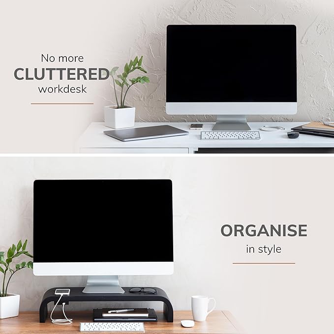 Anji Mountain Wood Monitor Stand Riser Desk Desktop Organizer Table for Home, Office Workspace, Laptop Riser, Ergonomic Design Stand for Gaming Setup, with Power Source, Black