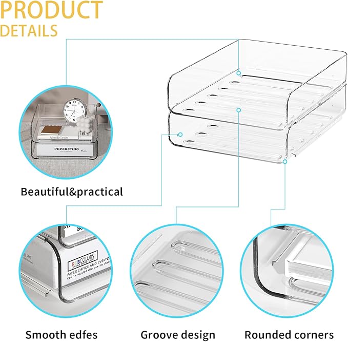 2-Tier Acrylic Paper Tray Organizer - Low-Profile Desk File Sorter for Office/Home, Clear Stackable Letter Tray for Bills, Crafts, Notebooks