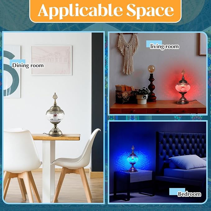 Large Globe Turkish Moroccan Table Lamp Handmade Vintage Moroccan Glass Lampshade Turkish Desk Lamp Bohemian Decorative Night Light for Bedroom, Living Room, LED Bulb Included (Bright)