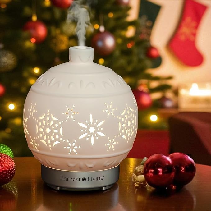 Earnest Living Christmas Ball Essential Oil Diffuser White Ceramic 100 ml Diffuser Home Décor, 7 Color Lights, Timers, Auto Off Cool Mist Humidifier Aromatherapy Diffuser