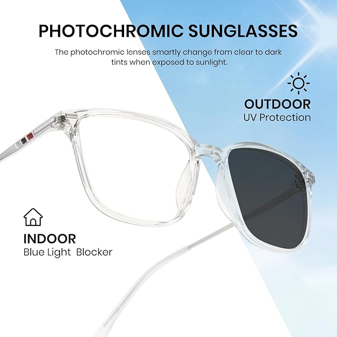 Cyxus Blue Light Blocking Glasses Photochromic Men Square Computer Gaming UV400 Protection 8208iT34