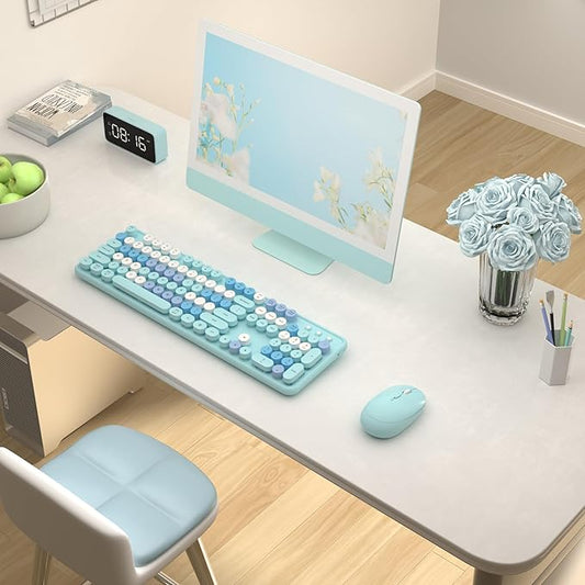 Colorful Wireless Keyboard and Mouse Combo, COVEVA 2.4GHz Wireless Retro Cute Round Keycaps Keyboard, 104 Keys Full-Sized Keyboard Mouse Set with Switch Button for PC Laptop Desktop (Blue Colorful)