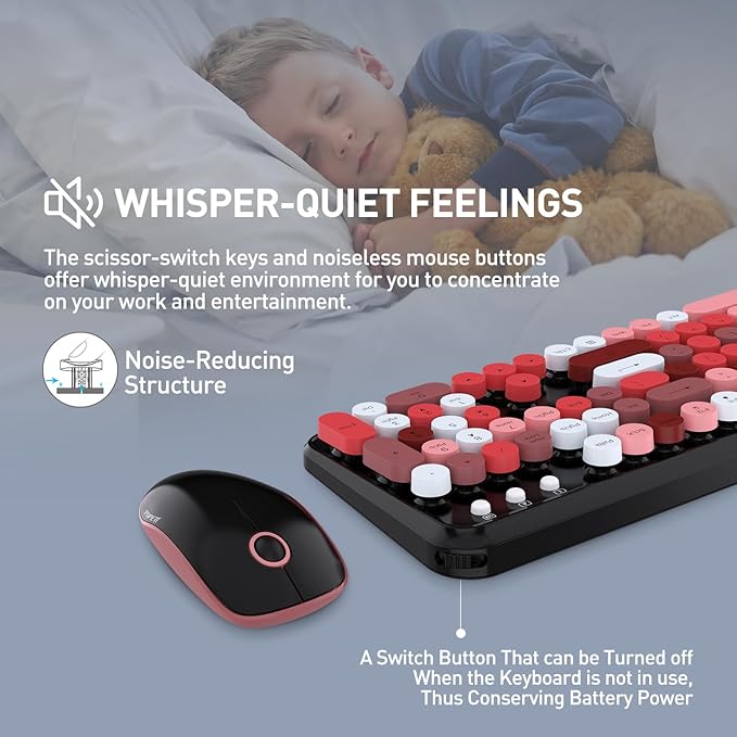 FOPETT 2.4GHz Wireless Keyboard and Mouse Set with Switch Button - Full-Size Keyboard - Compatible for Windows/Laptop/PC/Notebook/Smart TV and More - Black Colorful