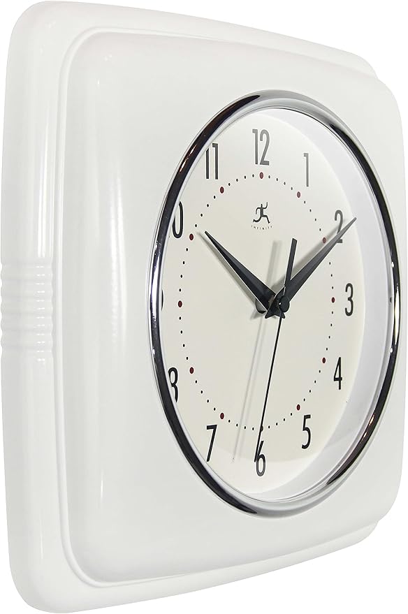 Infinity Instruments Retro – 9-Inch Square Silent Non-Ticking Mid-Century Modern Wall Clock – Vintage Decorative Timepiece for Kitchen, Office, or Diner – White
