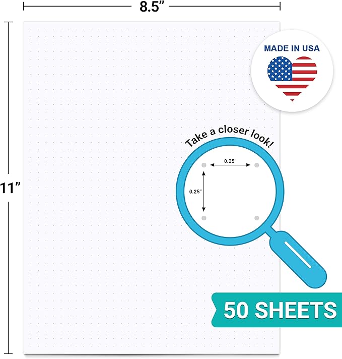 321Done Dot Grid Notepad – Dotted Graph Paper, Letter Size Large (8.5x11) – Made in USA – 50 Sheets Dotted for Bullet Planning Journaling Thick Paper 1/4 (0.25) Dots Notes Writing White