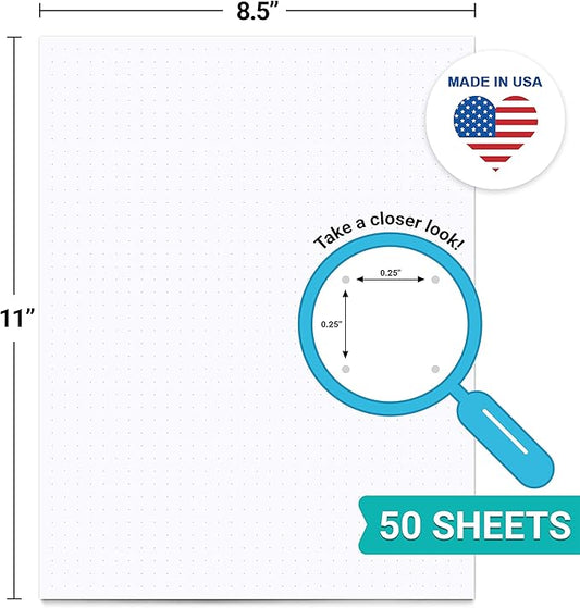 321Done Dot Grid Notepad – Dotted Graph Paper, Letter Size Large (8.5x11) – Made in USA – 50 Sheets Dotted for Bullet Planning Journaling Thick Paper 1/4 (0.25) Dots Notes Writing White