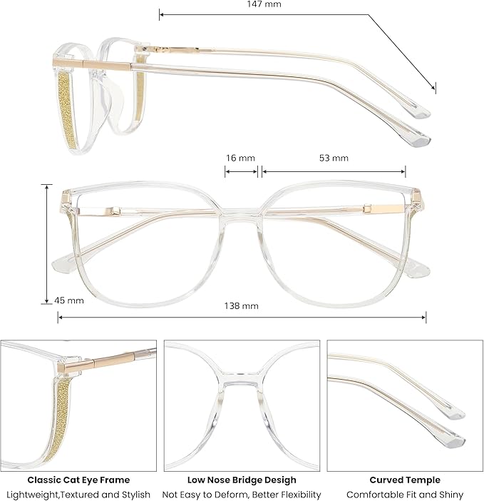 GUDVUE Oversized Blue Light Glasses, Computer Reading/Gaming/Phones Glasses, Anti Glare/UV400/Eye Strain, Large Square Frame