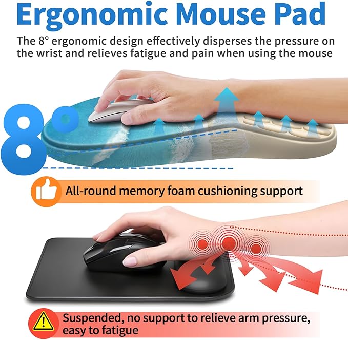 Ergonomic Mouse Pad with Wrist Rest Support, Mousepad with Comfortable Memory Foam Wrist Rest and Non-Slip PU Base for Pain Relief, Computer, Laptop, Office, Home (Beach-1)