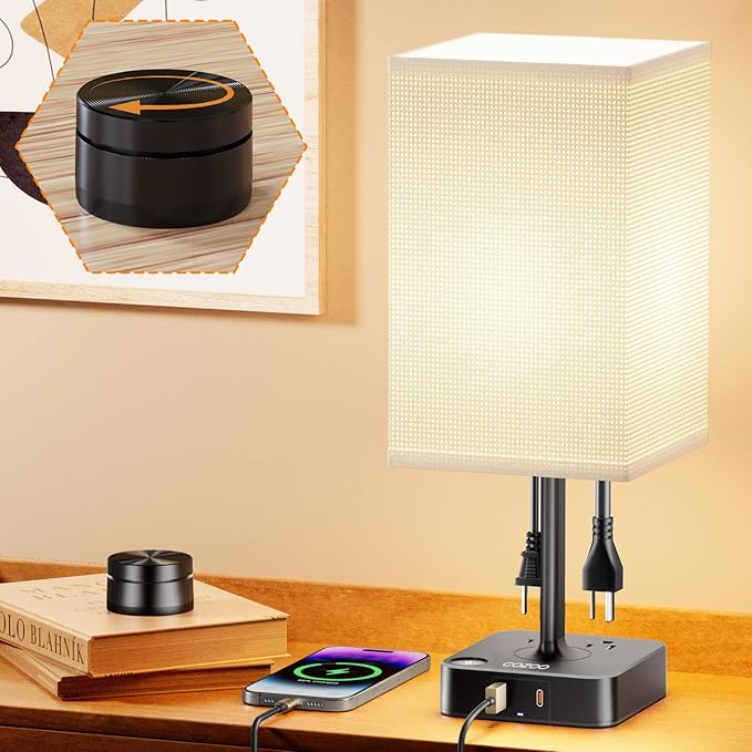 Remote Control Bedside Lamp with USB-C & USB-A Charging Ports, 2 AC Outlets, Stepless Dimming Nightstand Lamp for Bedroom- Touch & Remote Control,Warm Soft Light Table Lamp for Home, Office,Decoration